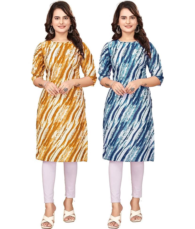 VACHHARAJ GROUP Crepe Printed Straight Women's Kurti - Yellow,Blue ( Pack of 2 )