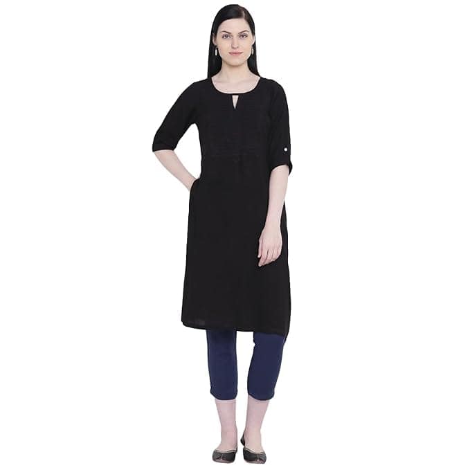 Black Rayon Embroidered A-Line Kurta with Round Neck and 3/4th Sleeves view 3