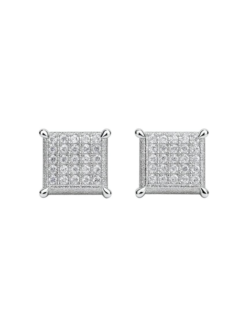 AXORA LIFE 925 Sterling Silver Ear Studs – Bold Square Design with Shimmering Stones in a Structured Grid Pattern view 3