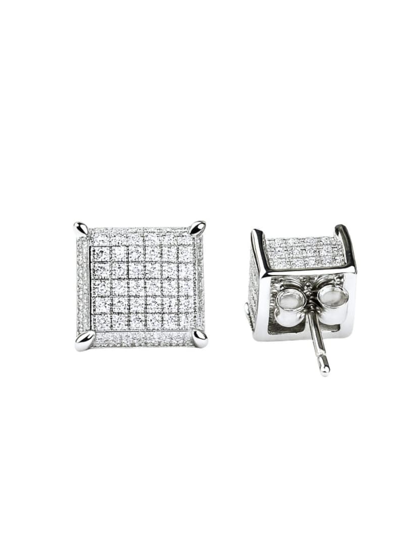 AXORA LIFE 925 Sterling Silver Ear Studs – Bold Square Design with Shimmering Stones in a Structured Grid Pattern view 4