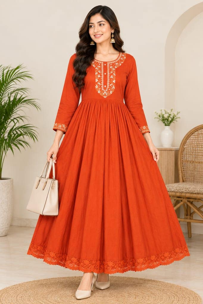 Women Solid Embroidered Anarkali Gown with 3/4 Sleeves, Lace Border and Back Tassel | Ethnic Festive Wear view 3