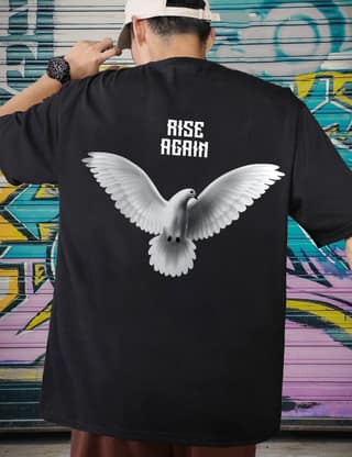 SCOTT FINCHER Black T-Shirt with a Graphic of a Dove and the Words "Rise Again" : AA(ARN)BLACK_262