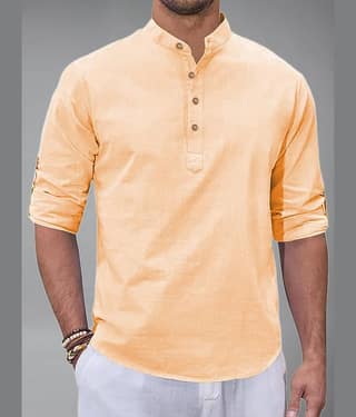 BHUVIKOO Cotton Blend Plain Shirt Style Kurta For Men ( Orange )