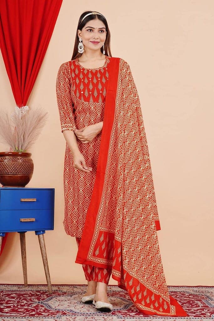 MANMAYEE Women's Rayon Mirror Work On Yoke Straight Kurti with Pant & Dupatta | 3 Piece Kurti Set view 4