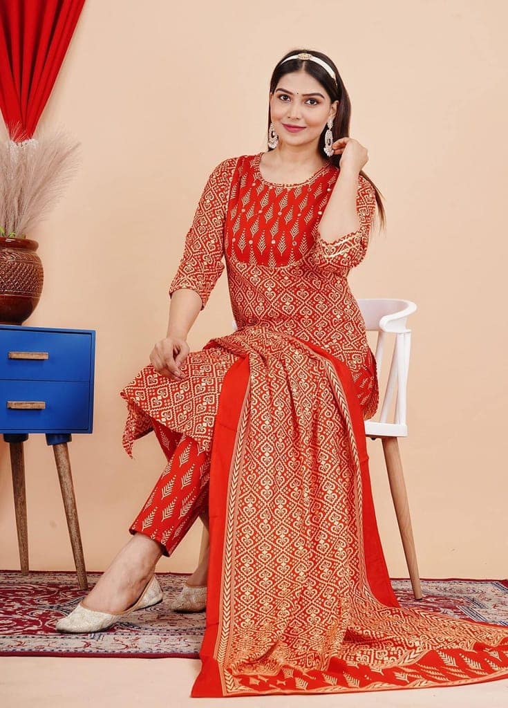 MANMAYEE Women's Rayon Mirror Work On Yoke Straight Kurti with Pant & Dupatta | 3 Piece Kurti Set view 8