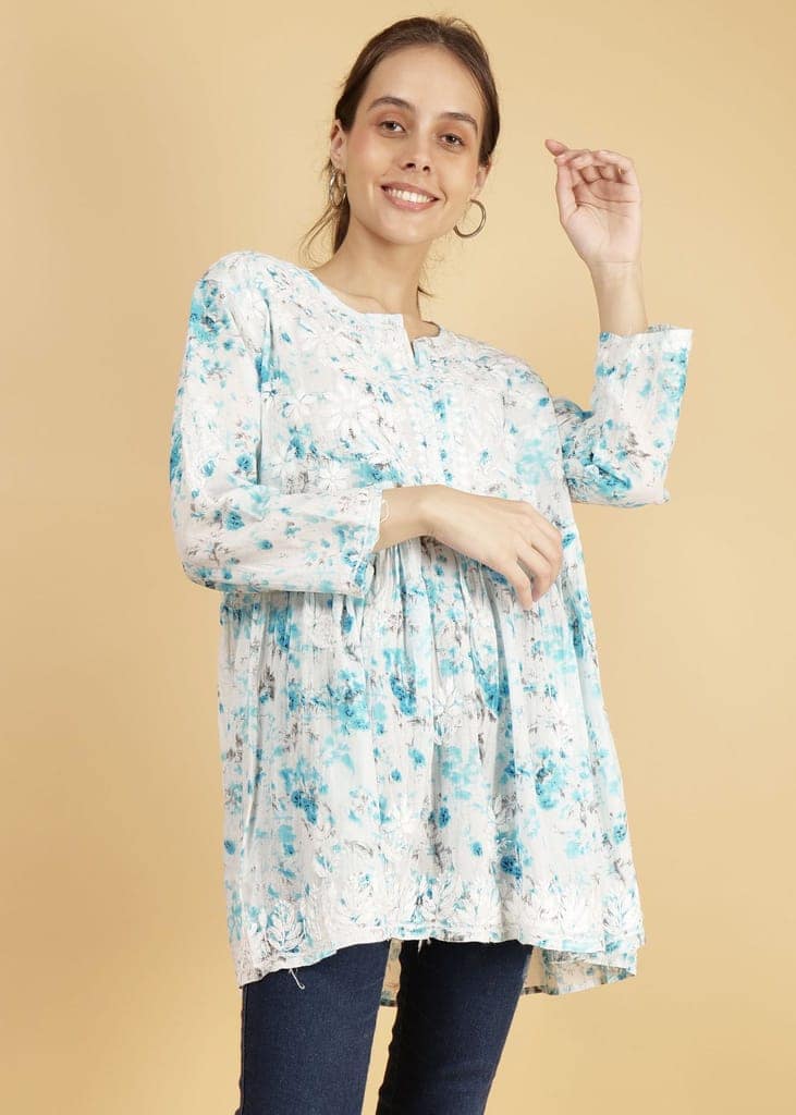 Mulmul Short Frock Style Kurti - Floral Print Blue view 4