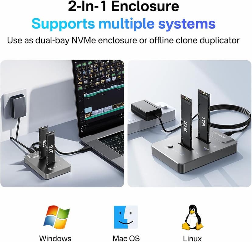 ACASIS type C USB 10Gbps to NVME Clone Dual-Bay External Duplicator for M.2 SSD 2230/2242/ 2260/2280,Supports up to 8TB with Offline Clone Auto Sleep view 6