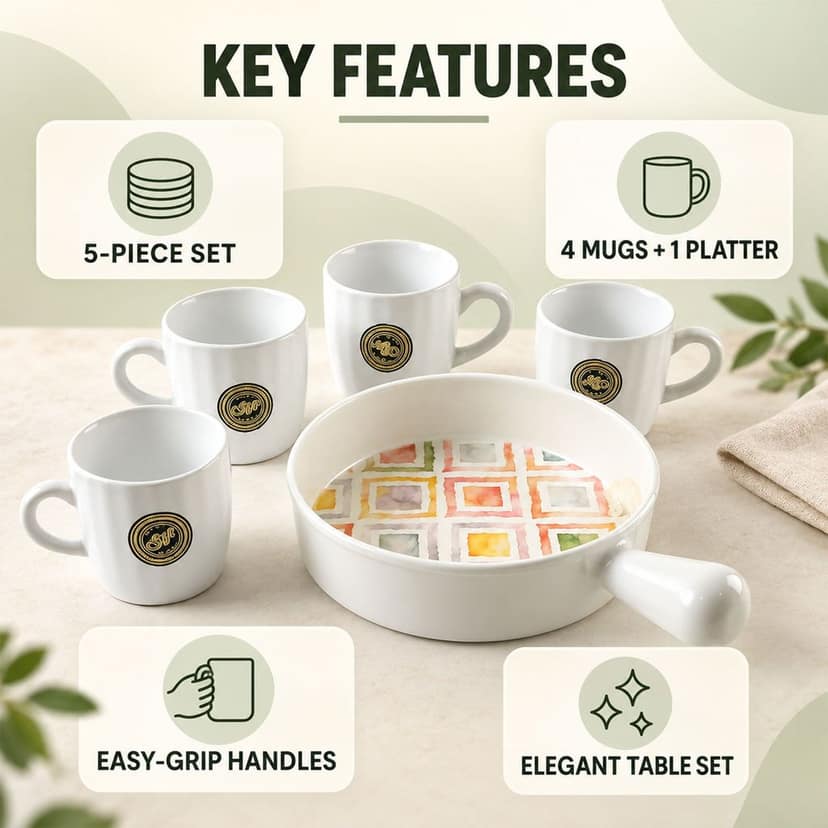 Ceramic Cup and Platter Set for Tea Coffee and Snack Serving at Home (5 Pc Set) view 3