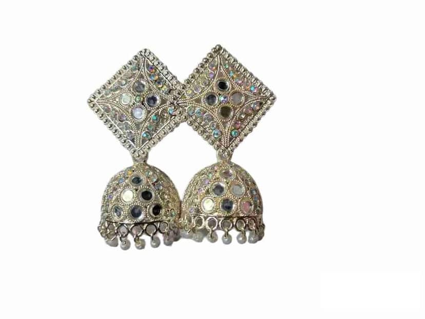 "Stunning Silver Mirror Jhumka Earrings with Pearl Drops" view 2