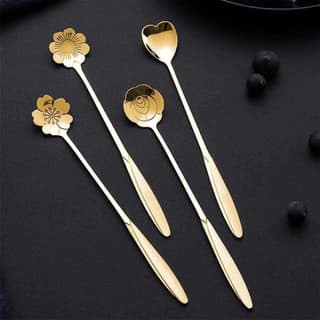 Golden Spoon Set/Coffee Spoon/Dessert Spoon/Cutlery Kitchen Tableware/Stainless Steel Gold Flower Shape Coffee Spoon with Package Bag 18cm, 4 Pcs Different Coffee Spoon