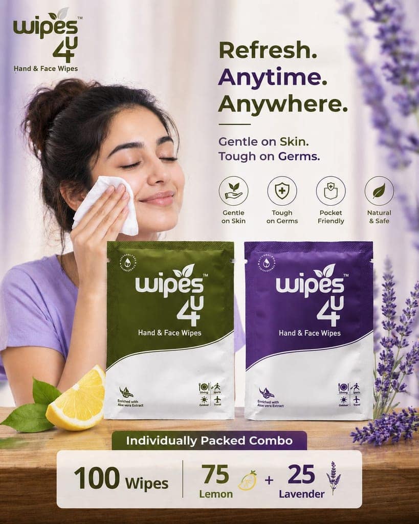 Wipes4u Individually Packed Face and Hand Wet Wipes Combo ( 75 Lemon + 25 Lavender )