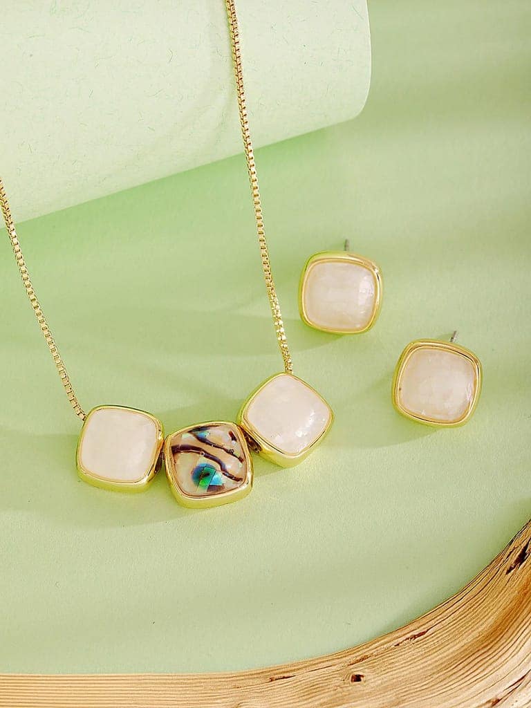 Elegant Square Stone Pendant Necklace & Earrings Set