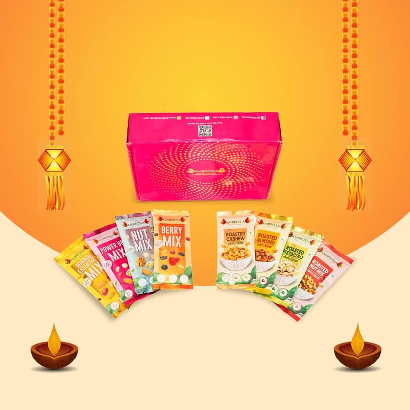 Ambrosia TrailMixes Delight Diwali Gift Hamper 240g (each pack 30g) | Packed with variety of roasted nuts, dried fruits and seeds view 5