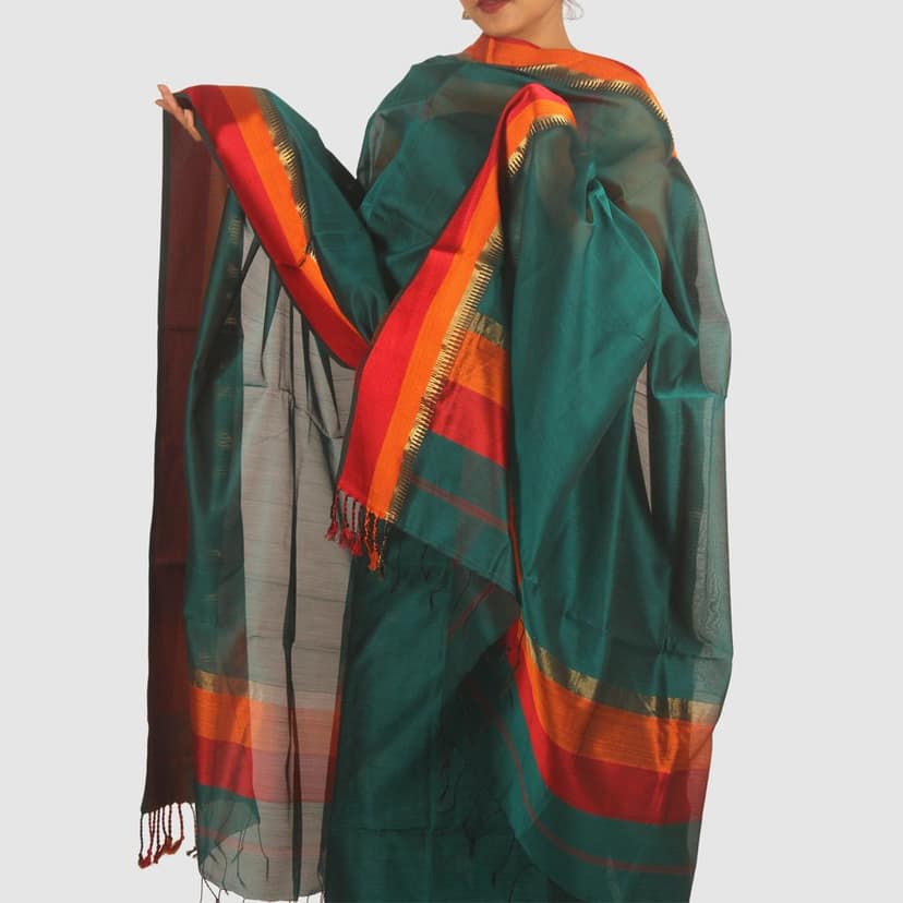 Teal Green Maheshwari Silk Cotton Dress Material with Vibrant Red & Orange Border view 3