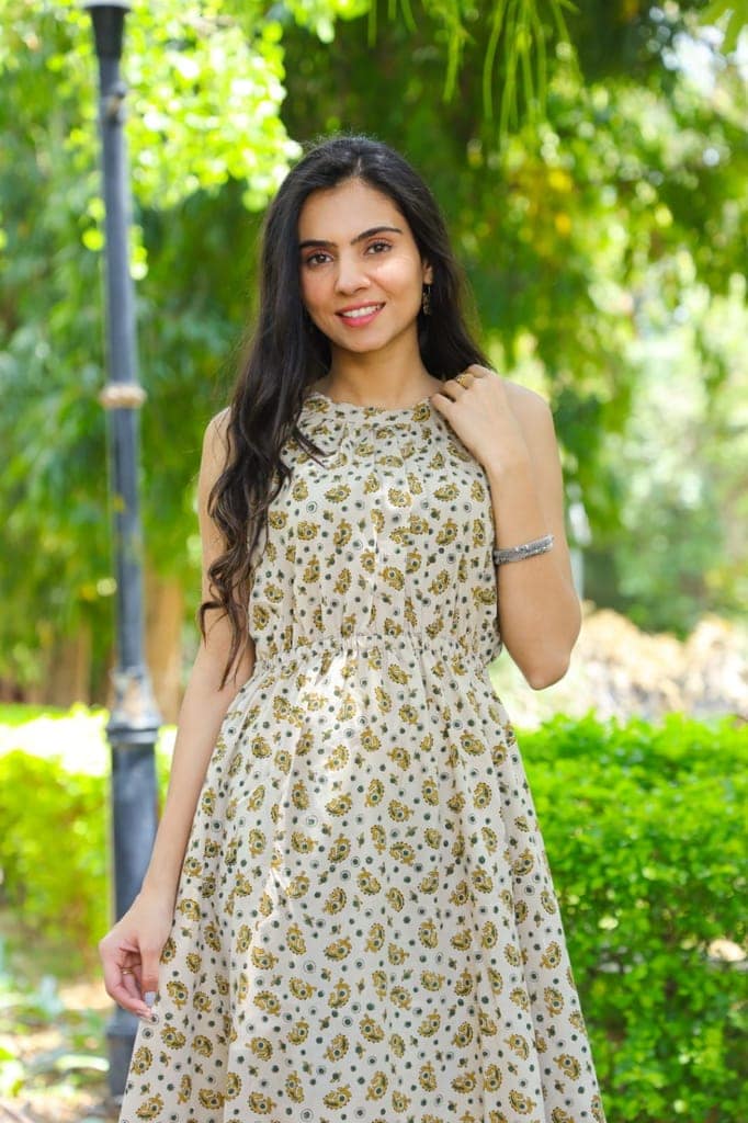 Pure Cotton Halter Neck Midi Beige Dress Hand Block Printed (Size: 38-46)-3092 view 4