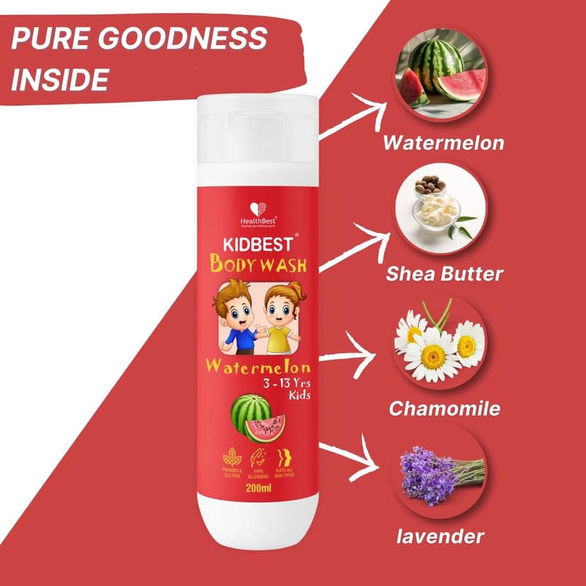 HealthBest Kids Body Wash - 200ml Tear Free Top to Toe Shower Gel for Baby with Aloe Vera, Shea Butter & Lavender Oil, Hydrating & Nourishing Cleanser for Soft & Smooth Skin, Tear, Paraben and SLS-Free view 4
