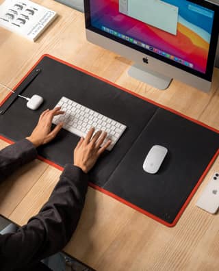 DailyObjects Dart Large Premium Vegan Leather Desktop/Laptop Desk Mat for Work from Home/Office/Gaming | Cable Organiser & Hideway Storage | Extended Mousepad & Water-Resistant - Red - Model - R2 DailyObjects Dart Large Premium Vegan Leather Desktop/Lapt