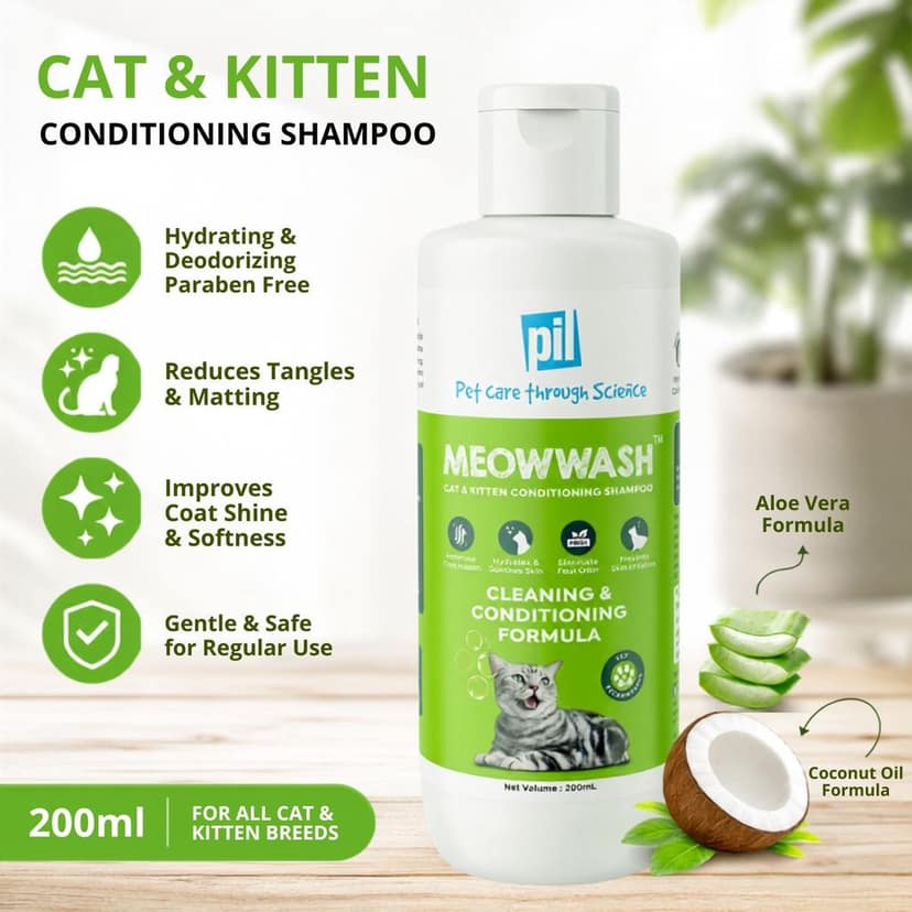 MEOWWASH Cat & Kitten Conditioning Shampoo | Hydrating & Deodorizing Paraben Free | Reduces Tangles & Matting | Aloe Vera & Coconut Oil Formula | Improves Coat Shine & Softness | 200ml view 2