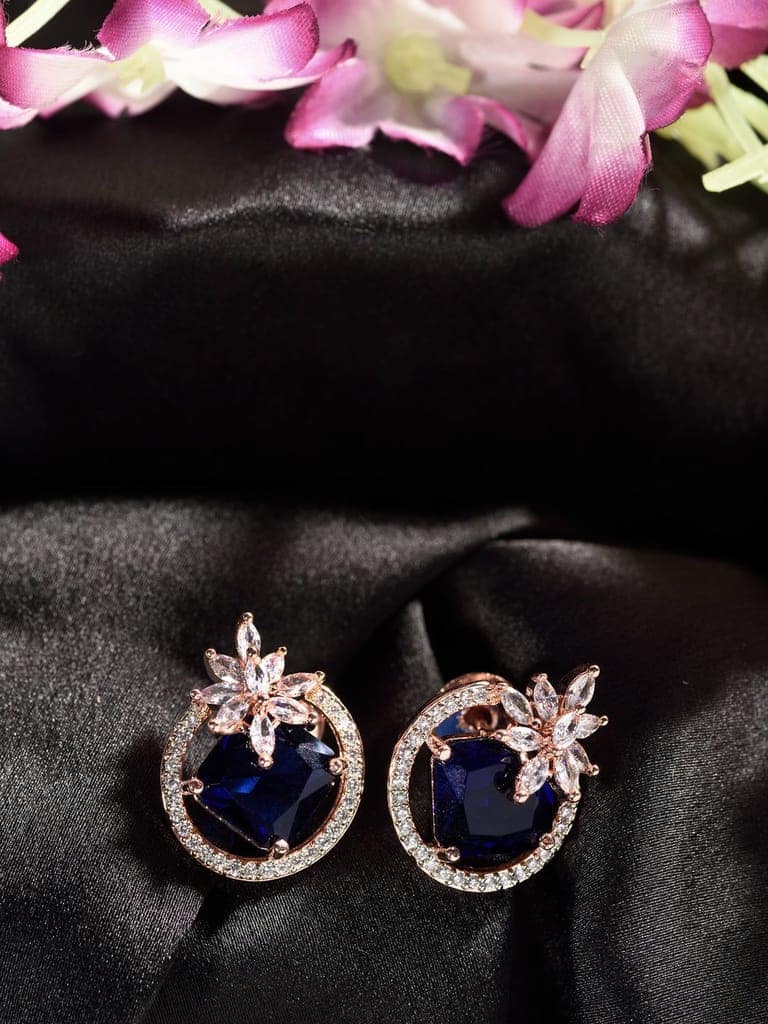 Rose Gold Plated Blue Sapphire AD Floral Studs Earrings view 2