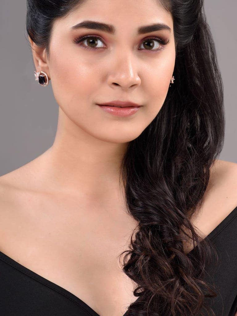 Rose Gold Plated Blue Sapphire AD Floral Studs Earrings view 5