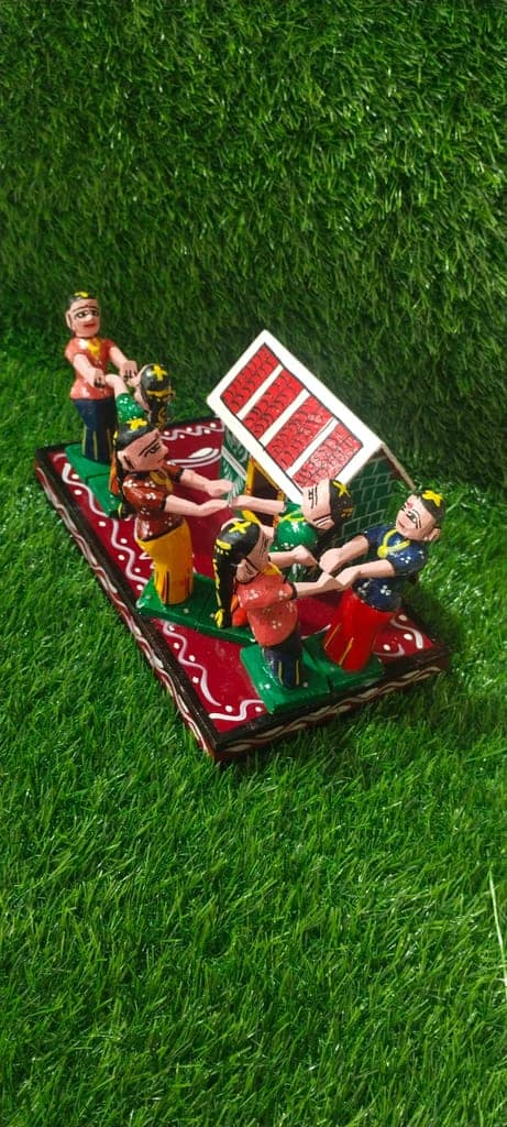 Handcrafted Wooden Village Scene Figurine - Indian Folk Art view 2