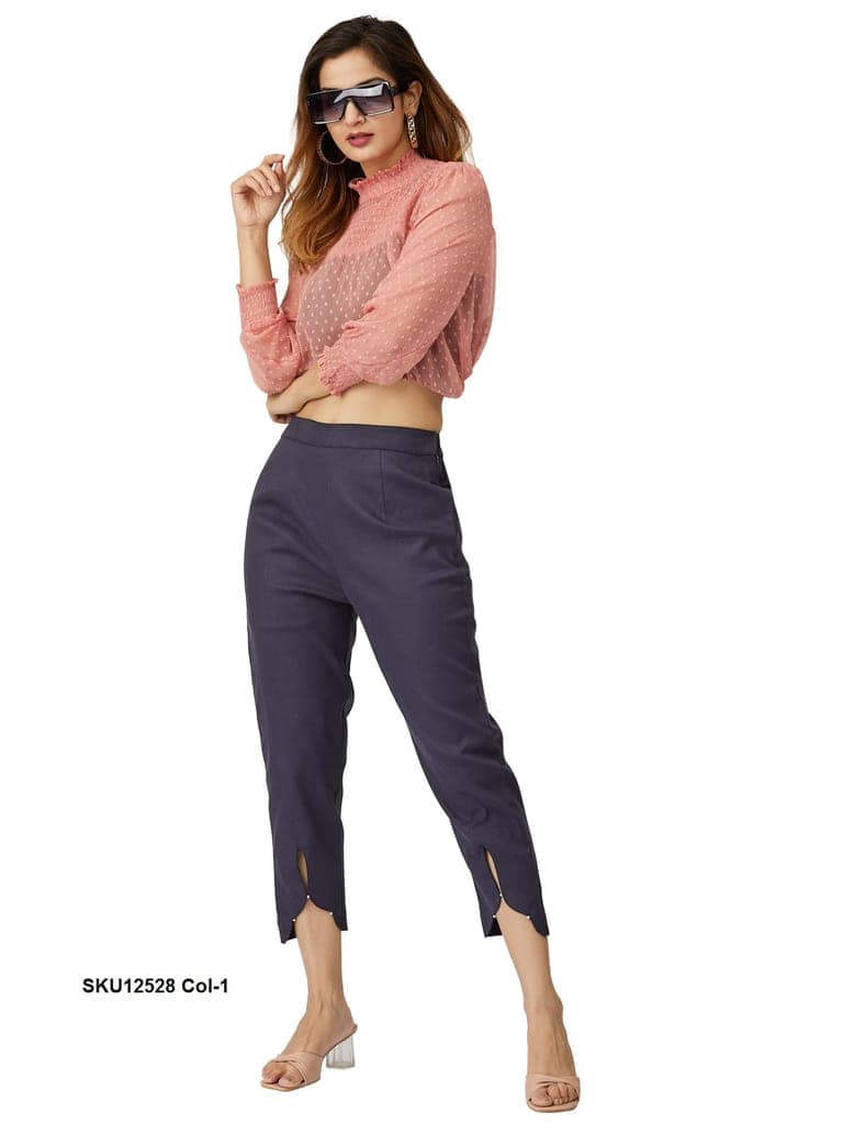 Stylish Dark Blue Cotton Ankle-Length Pants for Women view 5
