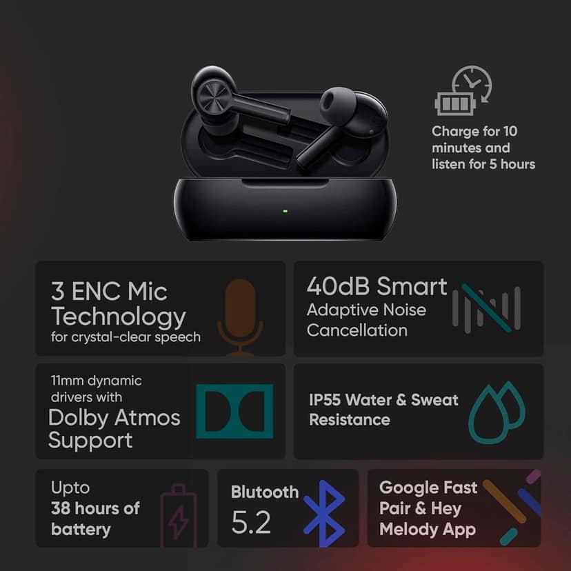 OnePlus Buds Z2 Bluetooth Truly Wireless in Ear Earbuds with mic, Active Noise Cancellation, 10 Minutes Flash Charge & Upto 38 Hours Battery [Matte Black] view 10