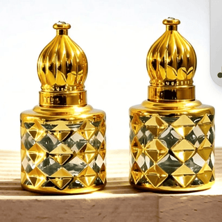 Mii Art Vintage-Style Golden Glass 10ml Attar Bottle – Decorative Luxury Refillable Container for Essential Oils and Rose Water(pack of 2 pcs)