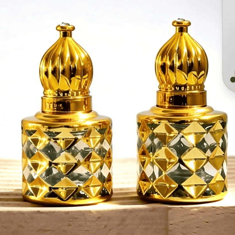 Mii Art Vintage-Style Golden Glass 10ml Attar Bottle – Decorative Luxury Refillable Container for Essential Oils and Rose Water(pack of 2 pcs)