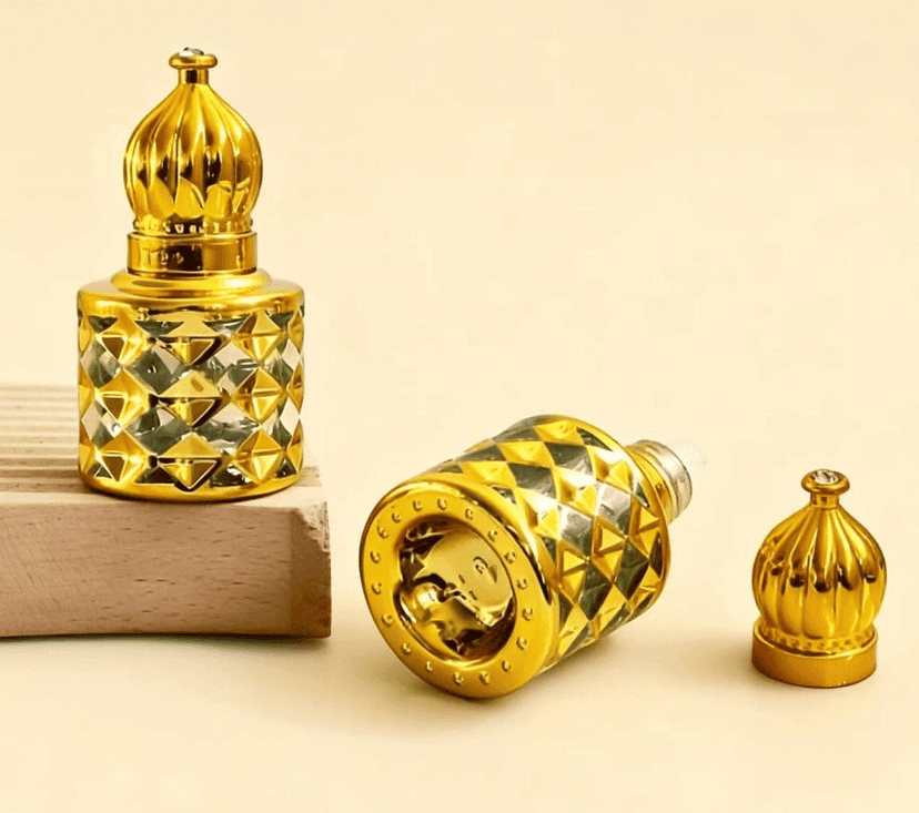 Mii Art Vintage-Style Golden Glass 10ml Attar Bottle – Decorative Luxury Refillable Container for Essential Oils and Rose Water(pack of 2 pcs) view 2