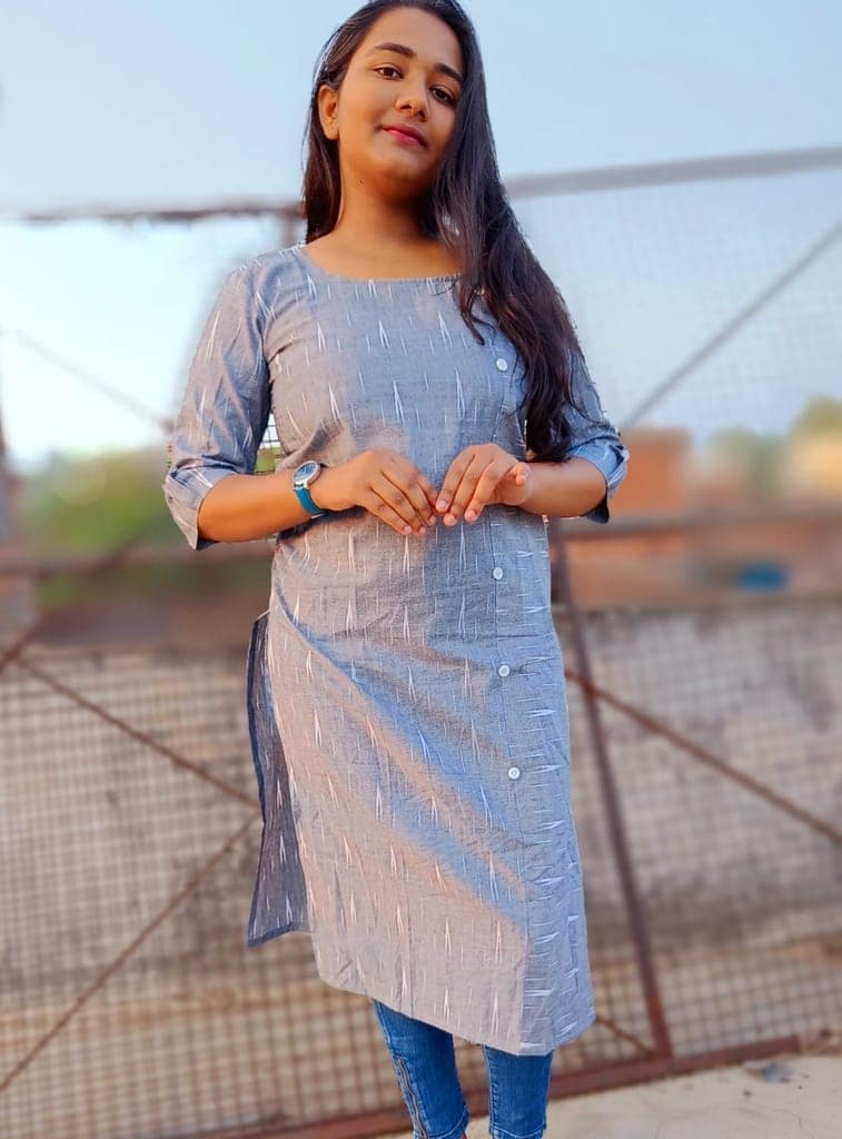 Pure Cotton Ikkat Dress Wild Grey Colour (Size XXS(32) to Plus Size(56))-9720 view 3