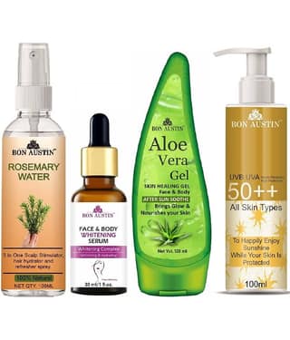 Bon Austin Rosemary Water | Hair Spray For Regrowth | Hair Growth Expert 100ml, Face and Body Whitening Serum 30ML, UVA & UVB Protection Sunscreen 100ml & Multipurpose Aloe Vera Gel 130ml - Set of 4 Items