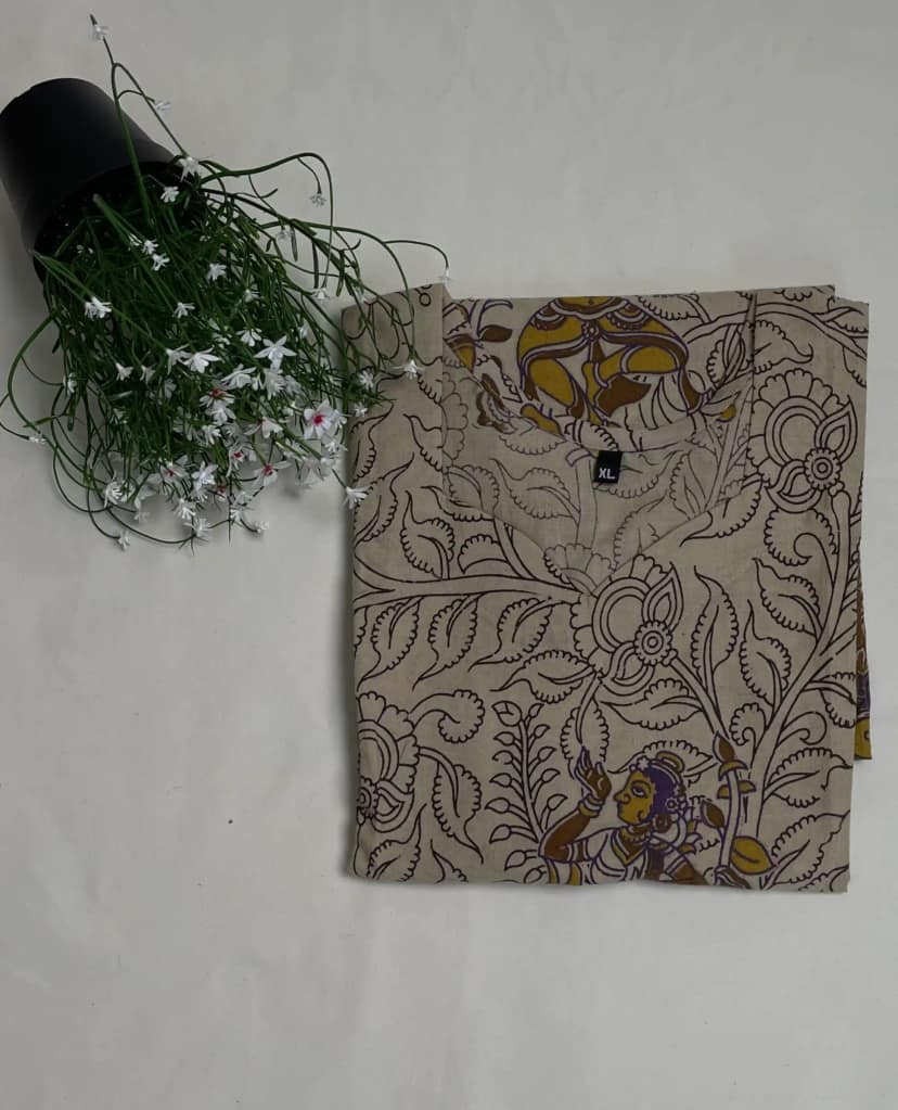 Pedana Kalamkari Cotton Kurti in Khaki Yellow with Animal Motifs view 5