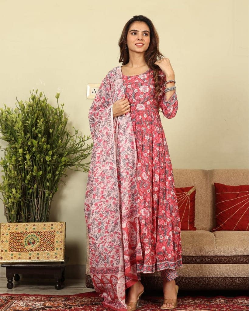 Anarakali Kurti Set Pink Color Bagru Handblock print with Mulmul Dupatta-8097 view 2