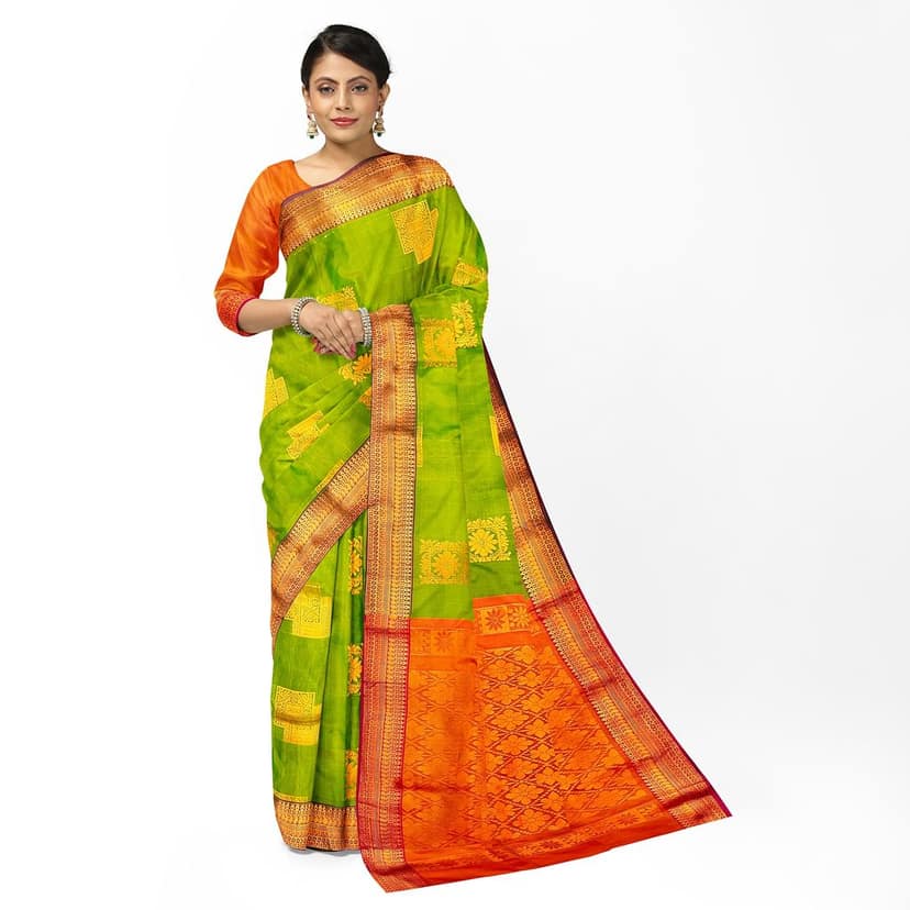 Green and Orange soft Silk Saree view 2