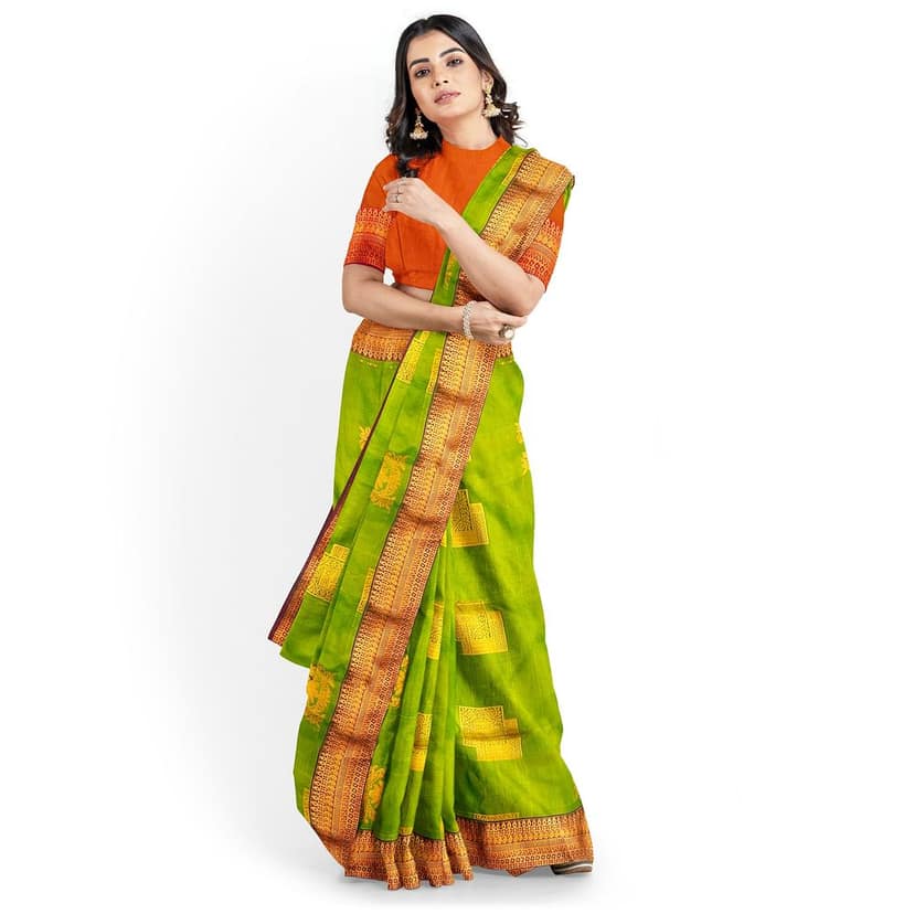 Green and Orange soft Silk Saree view 3
