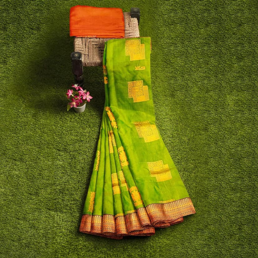 Green and Orange soft Silk Saree view 6