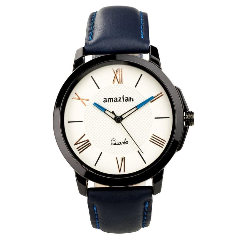 Amaziah Men's Analog Watch with Blue Dial and Black Leather Strap