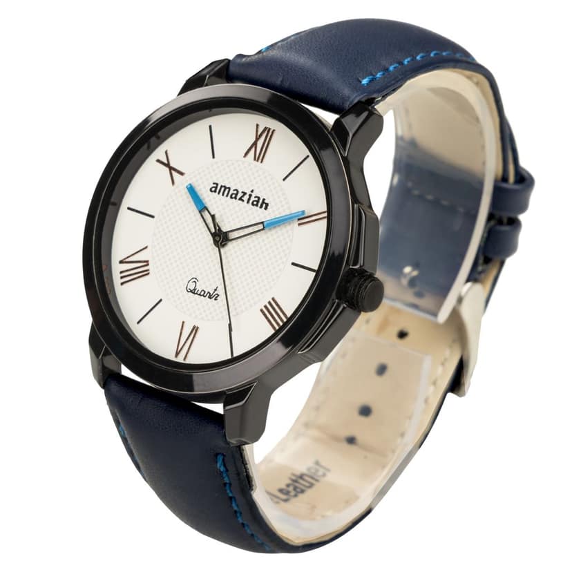Amaziah Men's Analog Watch with Blue Dial and Black Leather Strap view 3