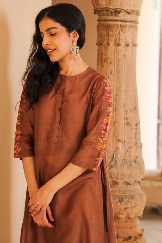 Juhi Brown Kurta With Crewel Embroidered Sleeves view 4