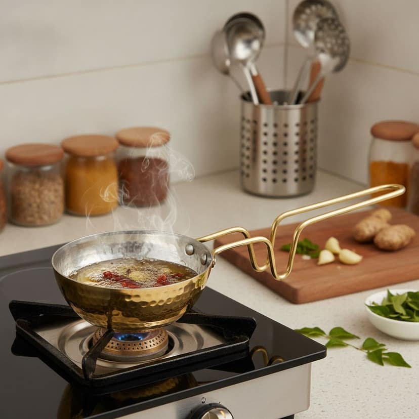 Pure Brass Tadka Pan | Handmade Small Brass Tempering Pan for Dal, Curry & Traditional Indian Seasoning (BCMAS203 C) view 2