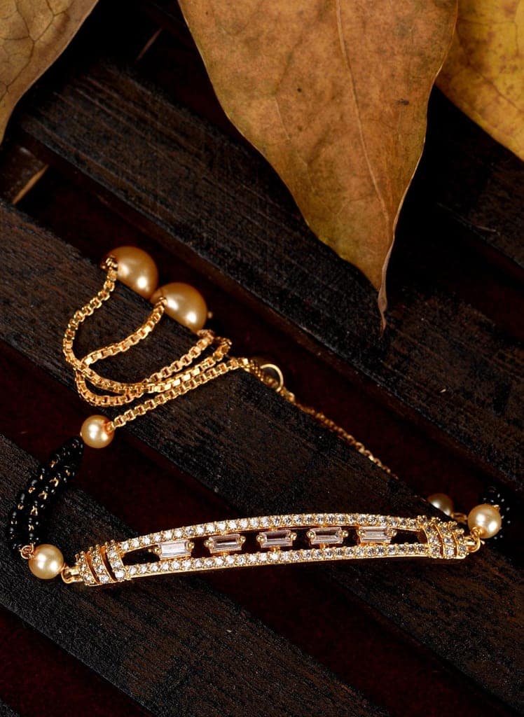 Gold Plated White AD StuddedAdjustable Mangalsutra Bracelet view 2
