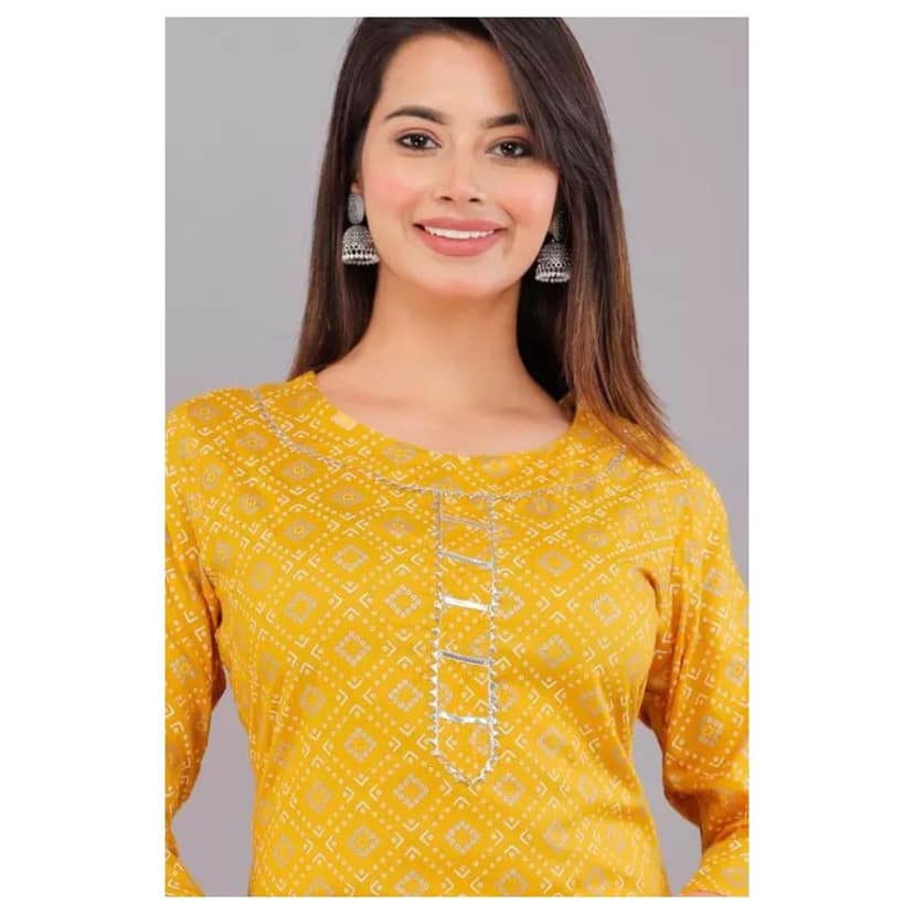 kurti for woman" Straight Printed Cotton Rayon Single Kurti Kurta. ( Yellow ) view 4
