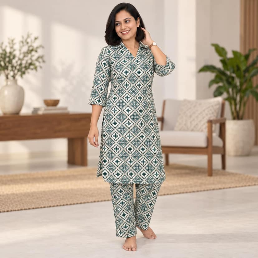 Mom and Me Women's Cotton Ethnic Co-Ord Set | Printed Kurta with 3/4 Sleeves & V-Neck Collar | Casual Summer Wear Co-Ord Set for Women (IN, Alpha, S, Regular, Pista) view 2