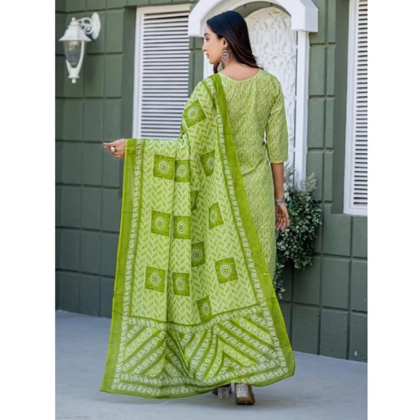 womens cotton blend printed kurti with pant dupatta set parrot pid63065 view 2