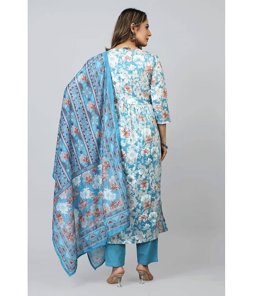 SARRAS Cotton Printed Kurti With Pants Women's Stitched Salwar Suit - Blue ( Pack of 1 ) view 2