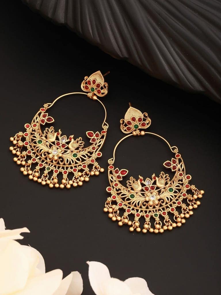 22K Gold Plated Red Stone Studded peacock Temple Chandbali Earrings view 2