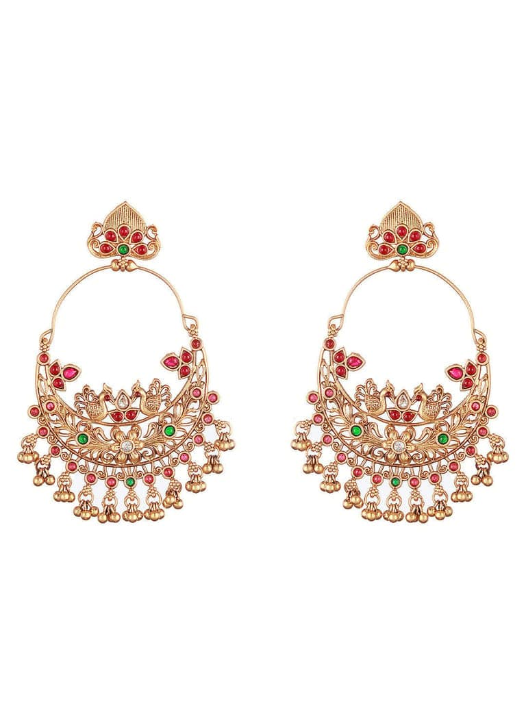 22K Gold Plated Red Stone Studded peacock Temple Chandbali Earrings view 3