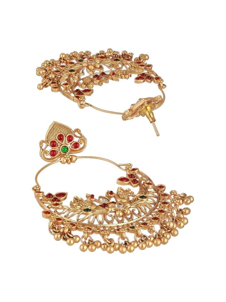 22K Gold Plated Red Stone Studded peacock Temple Chandbali Earrings view 4
