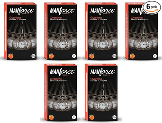 Manforce Overtime Orange Flavoured Condoms for Men| 3-in-1 Ribbed Contoured & Dotted for Extra Stimulation| Lubricated Latex Condoms| 10pcs x Pack of 6